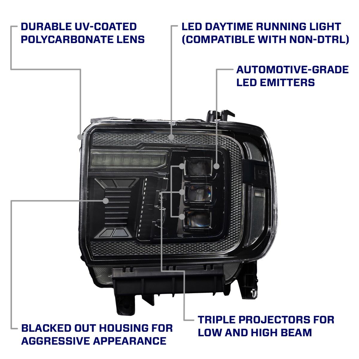 Form Lighting LED Projector Headlights with Amber DRL for 2014–2018 GMC Sierra 1500 (Pair) – Triple Bi-LED Projectors, Sequential Turn Signals & Startup Sequence