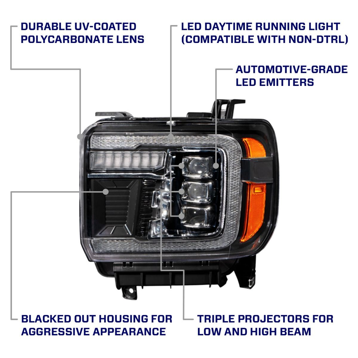 2014–2018 GMC Sierra 1500 and 2015-2019 GMC Sierra 2500 & 3500 Full LED Reflector Headlights with Sequential Turn Signals & C-Shaped DRL (Pair)