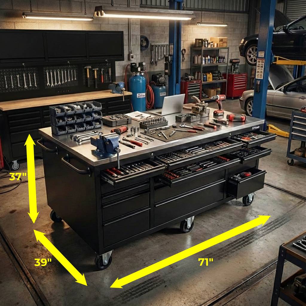 OCTOBER Large Steel 71x39" Garage Island Workbench – Stainless Steel Top