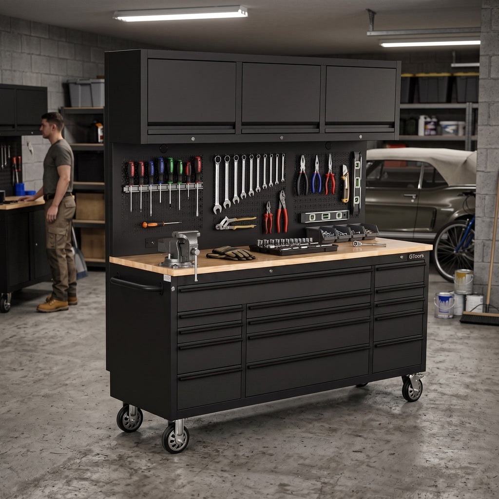 Overhead Pro 72" Rolling Tool Chest | 79" Tall | 24" Deep | 14 Drawers | Overheads | Pegboard & Power Strip